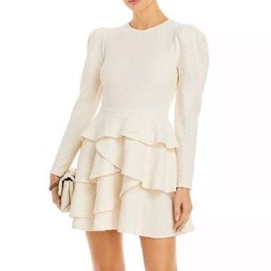 Aqua Tweed Puff Sleeve Ruffle Bottom Dress in Ivory, Size M New w/Tag
